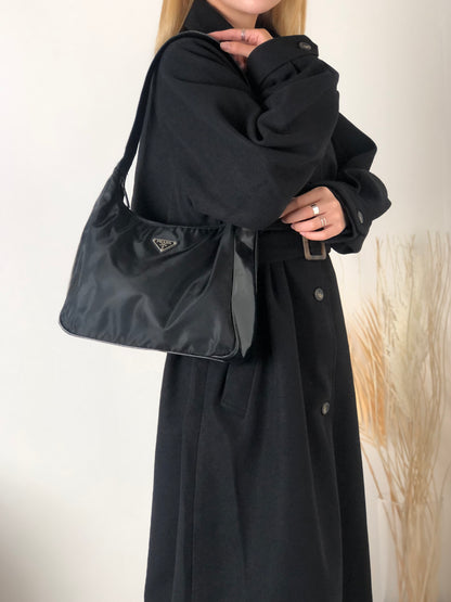 PRADA Triangle Logo Nylon Leather Shoulder bag Hobobag Black Vintage na2ut2