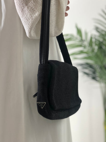 PRADA Triangle Logo Knit Shoulder bag Hobobag Black Vintage bdfyh6