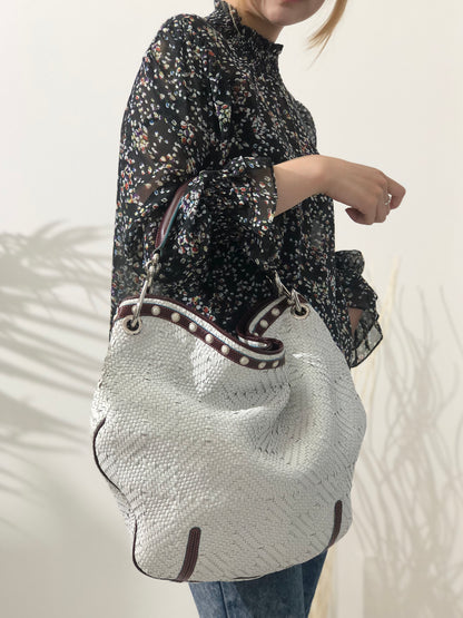 LOEWE Basket Weave Leather Handbag Hobobag White Vintage dzah7u