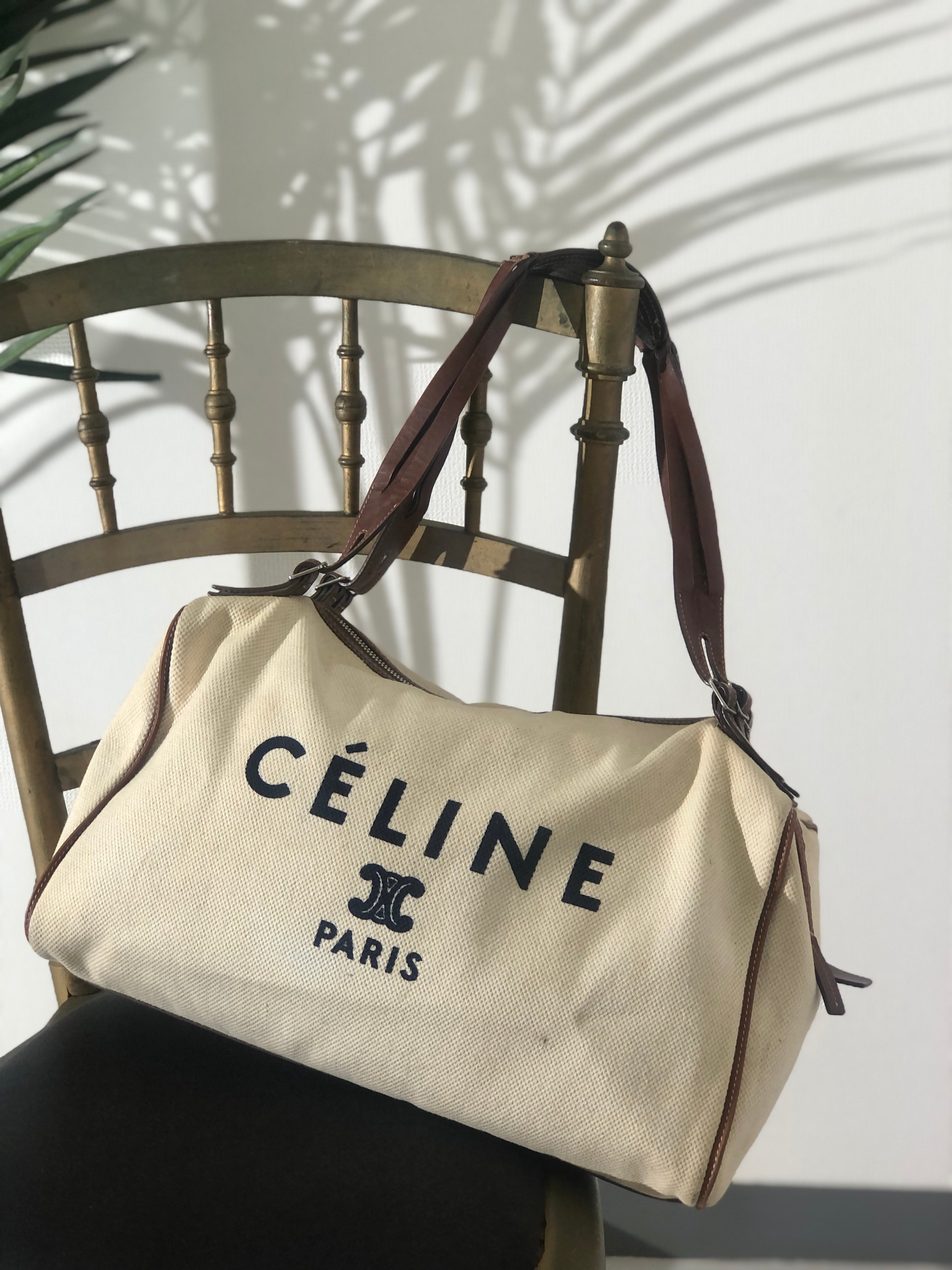 CELINE Logo Canvas Leather Boston bag Handbag Ivory Vintage rxrarg