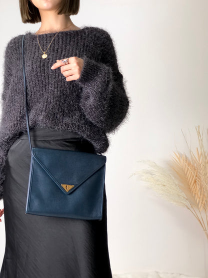 Yves Saint Laurent YSL Logo Leather Shoulder bag Navy Vintage 26gkij