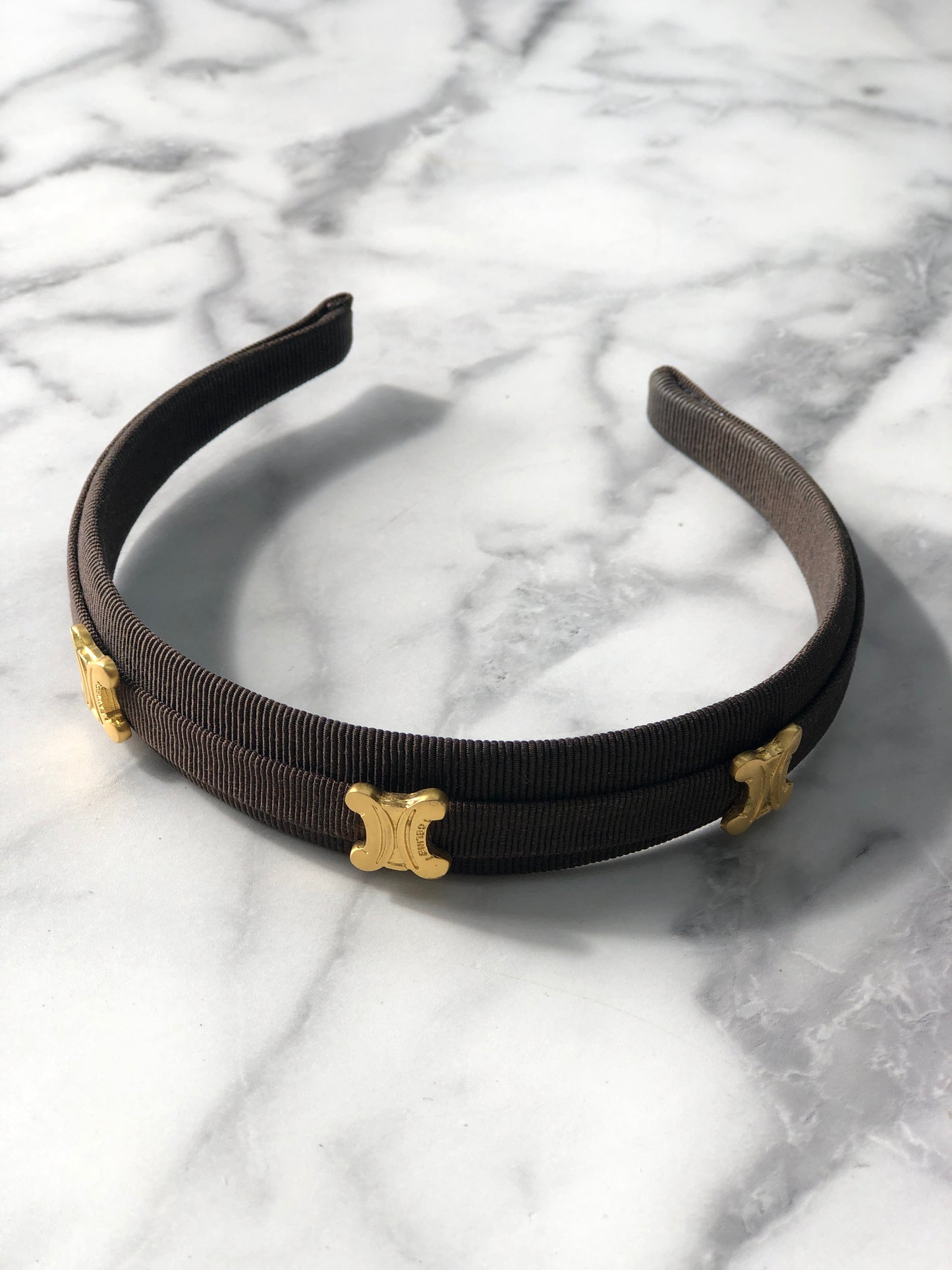 CELINE Triomphe Blason Fabric headband Brown Vintage sbnt2v