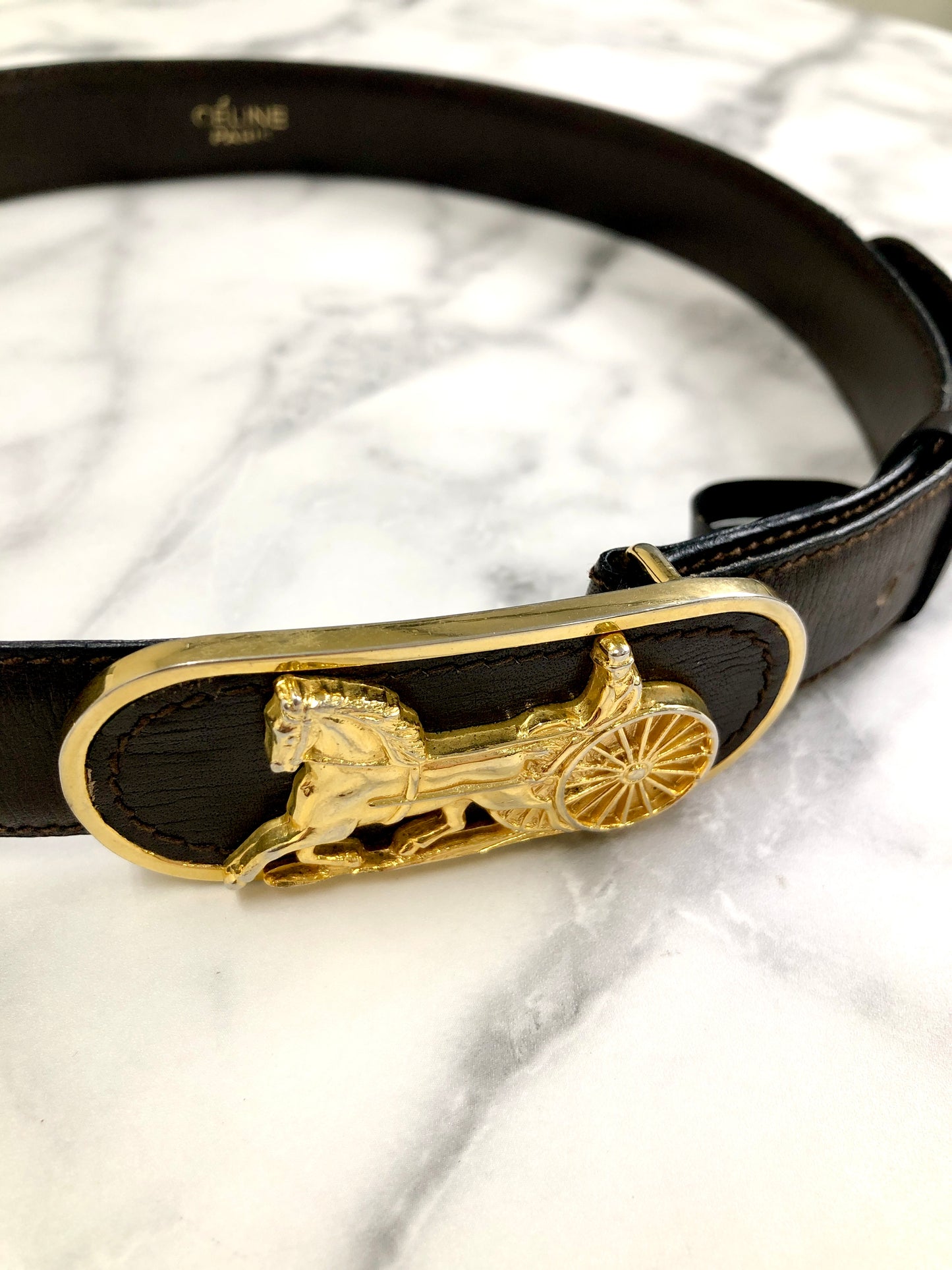 CELINE Horse Carriage Leather Belt Black Vintage xrix5m