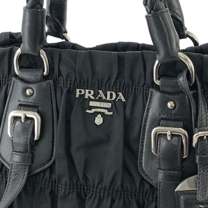 PRADA Logo Motif shirring Nylon Two-way Handbag Shoulder bag Black Vintage vbrtdm