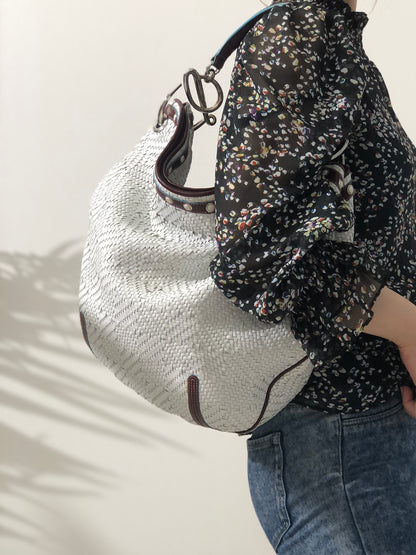 LOEWE Basket Weave Leather Handbag Hobobag White Vintage dzah7u