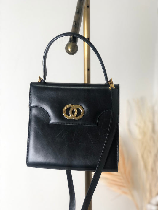 CELINE Double Circle Leather Two-way Handbag Shoulder bag Black Vintage 5h68sp