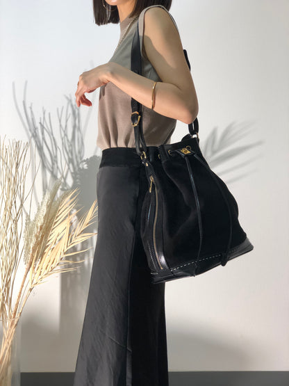 CELINE Gancini  Suede Leather Drawstring Shoulder bag Black Vintage swuscx