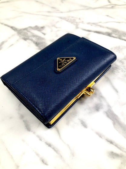 PRADA Triangle Logo Metal Clasp Leather Trifold Wallet Blue Vintage hdcmeb
