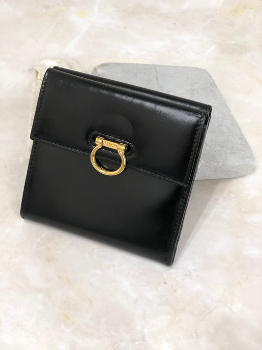 CELINE Gancini Leather Folded Wallet Black Vintage nnhbtg