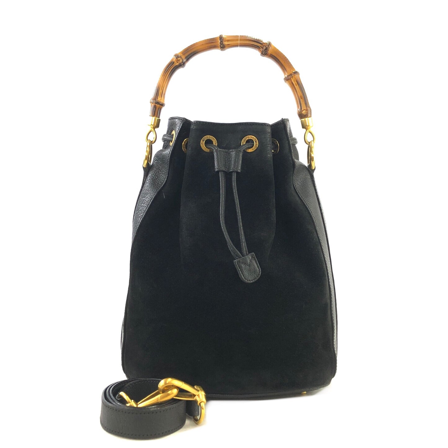GUCCI Bamboo Handle Suede Two-way Drawstring Handbag Shoulder bag Black Vintage z3v3su