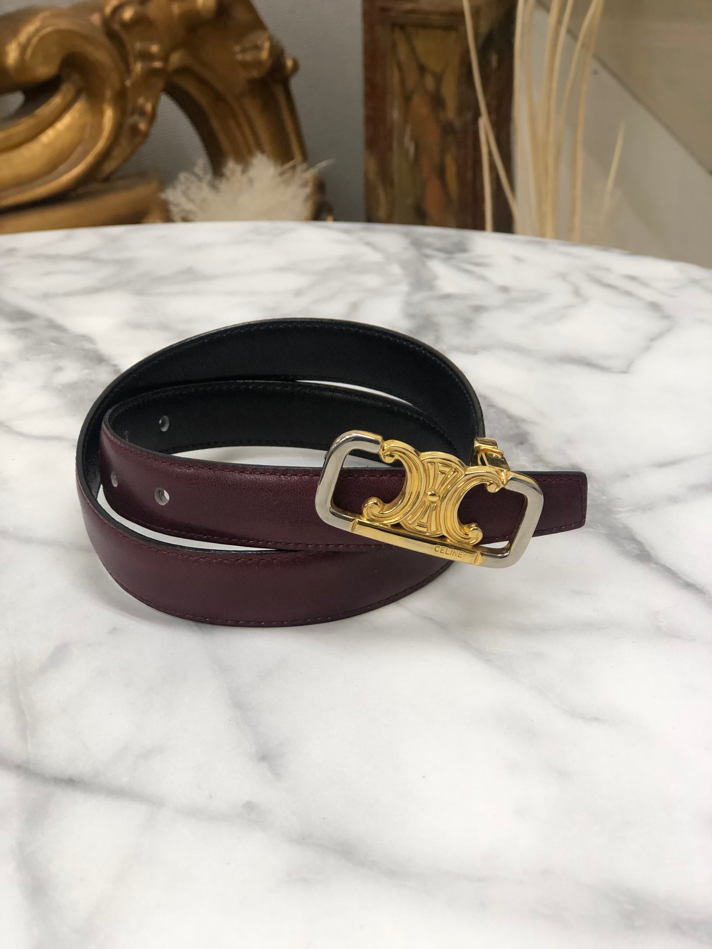 CELINE Triomphe Beversible Leather Belt Black Bordeaux Vintage p2adzk