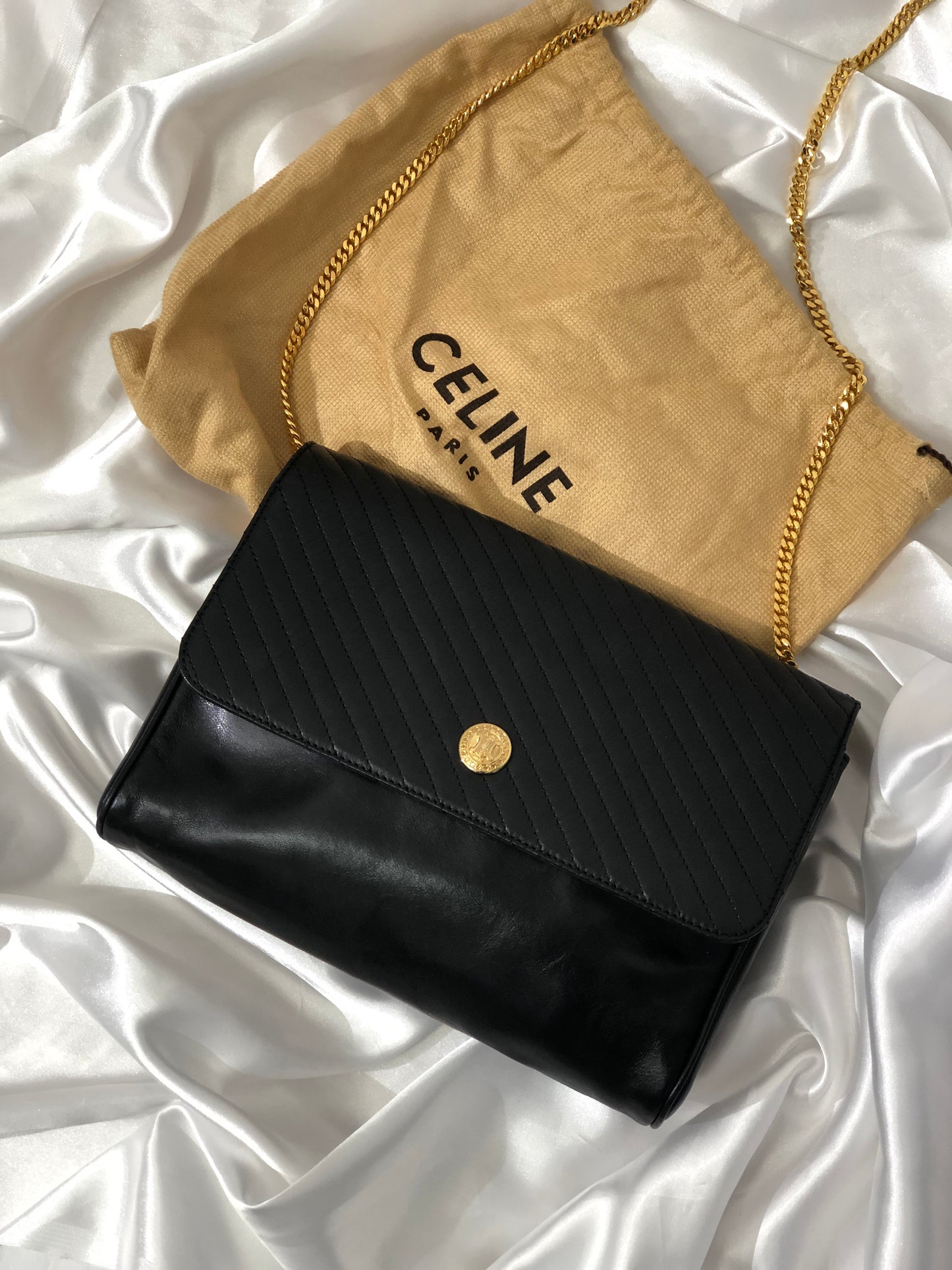 CELINE Triomphe Bias-Stitch Chain Leather Crossbody Shoulder bag Black Vintage 27fj2y