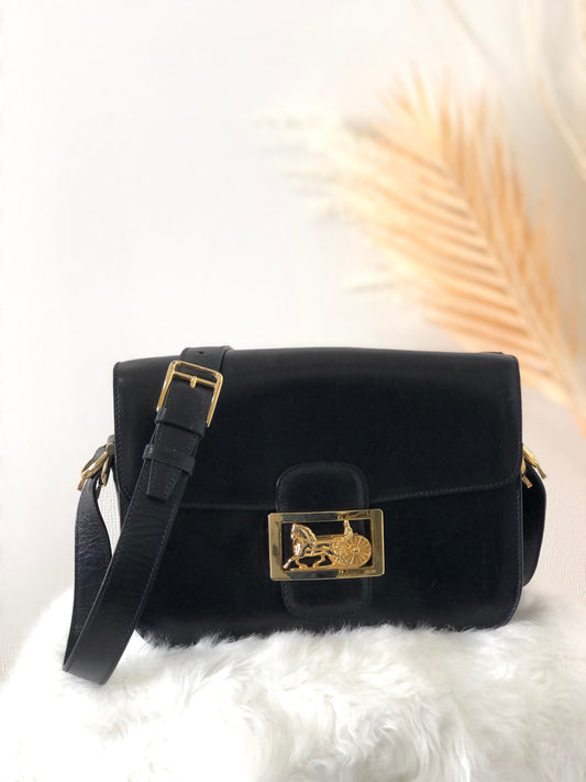 CELINE Horse Carriage Leather Shoulder bag Black Vintage w34jkd