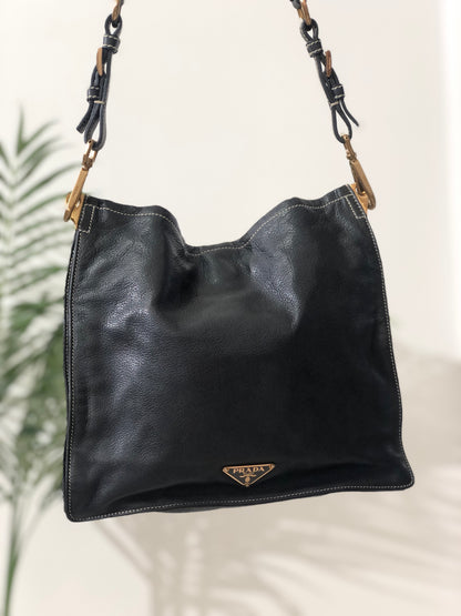 PRADA Triangle Logo Leather Shoulder bag Black Vintage 32faxx