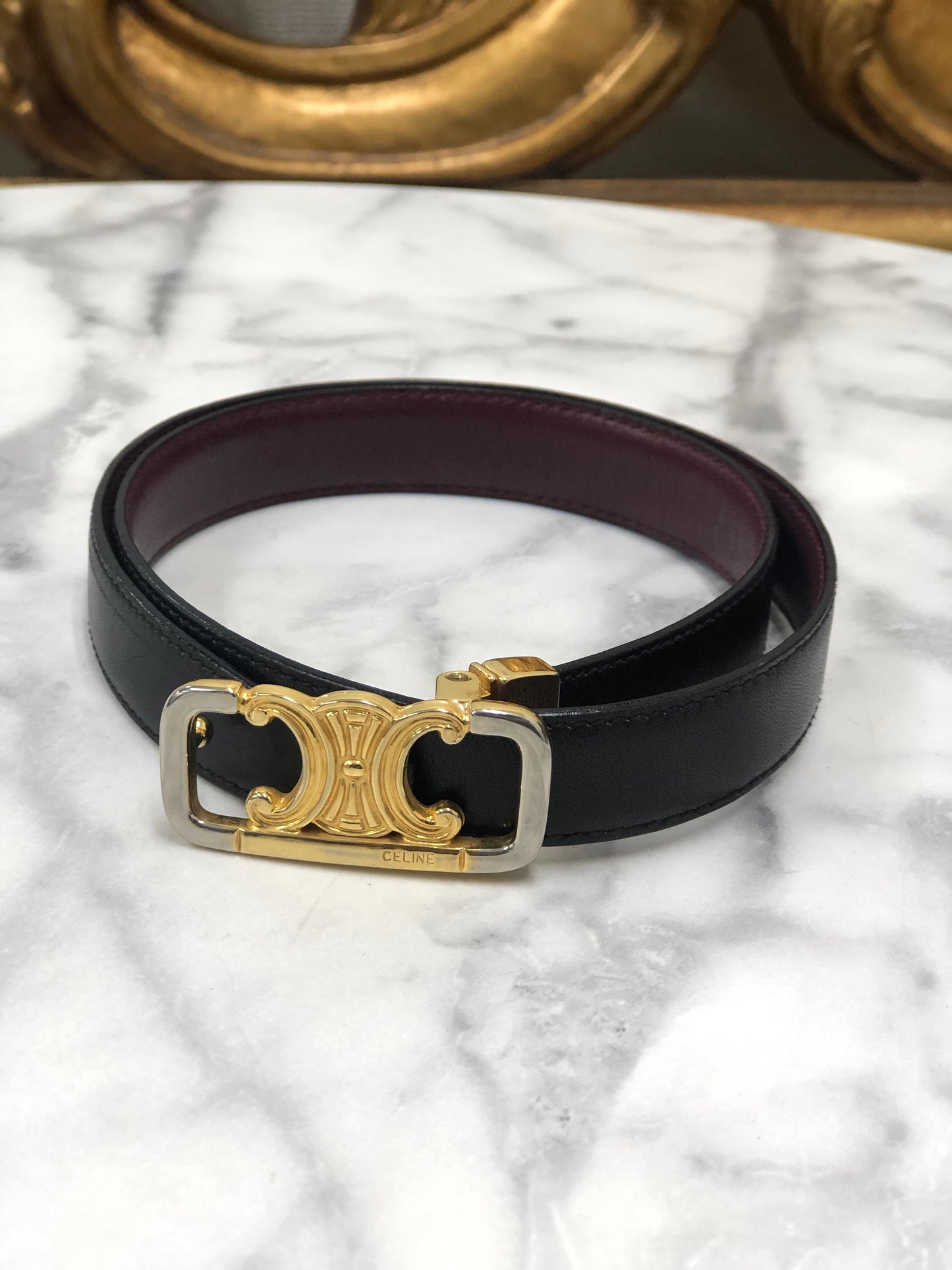 CELINE Triomphe Beversible Leather Belt Black Bordeaux Vintage p2adzk