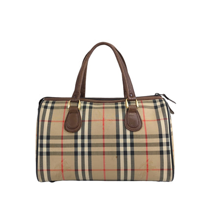 BURBERRY Classic Check Logo Canvas Leather Handbag Boston bag Beige×Brown Vintage 4b8ige