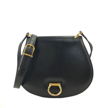 CELINE Gancini Leather Round Crossbody Shoulder bag Black Vintage 5ec6bk