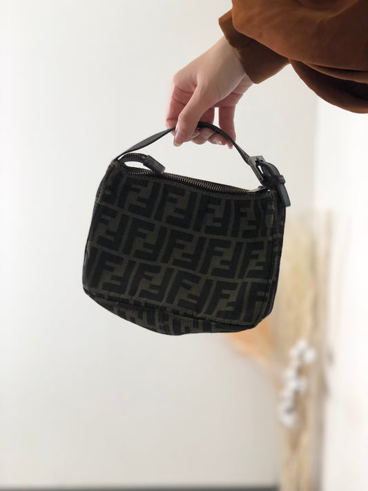 FENDI Zucca Jacquard Leather Handbag Vanity bag Brown Vintage si6gvh