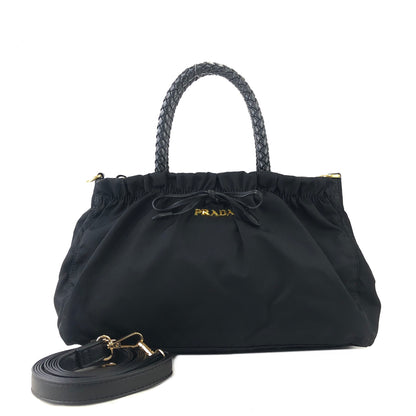 PRADA Logo Ribbon Nylon Leather Two-way Crossbody Shoulder bag Totebag Black Vintage c6kcye