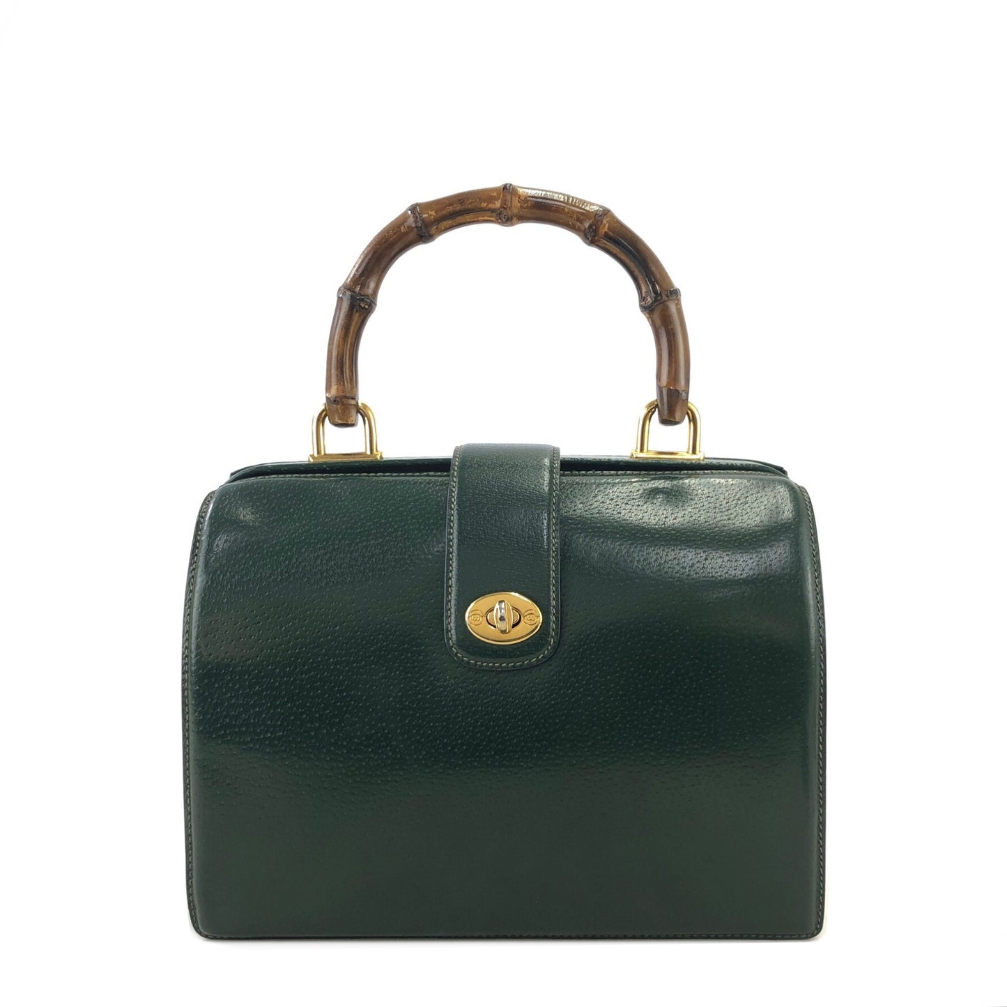 GUCCI Bamboo Turn Lock Leather Handbag Green Vintage f6cmiy