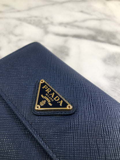 PRADA Triangle Logo Metal Clasp Leather Trifold Wallet Blue Vintage hdcmeb