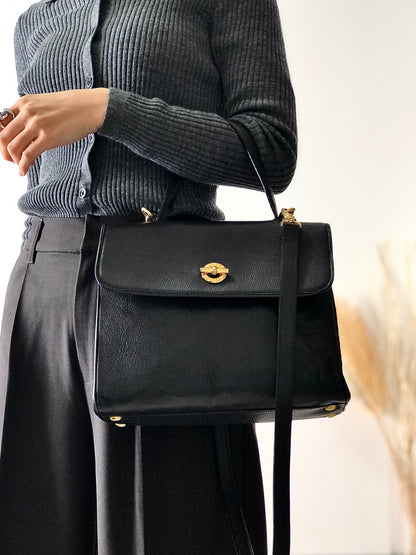 CELINE 扣環皮革雙向手提包單肩包黑色復古 g8ng5z 