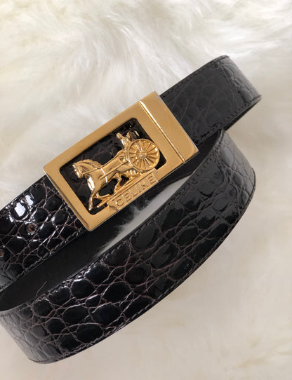 CELINE 馬車鱷魚壓花皮革腰帶棕色復古 rpydy6 