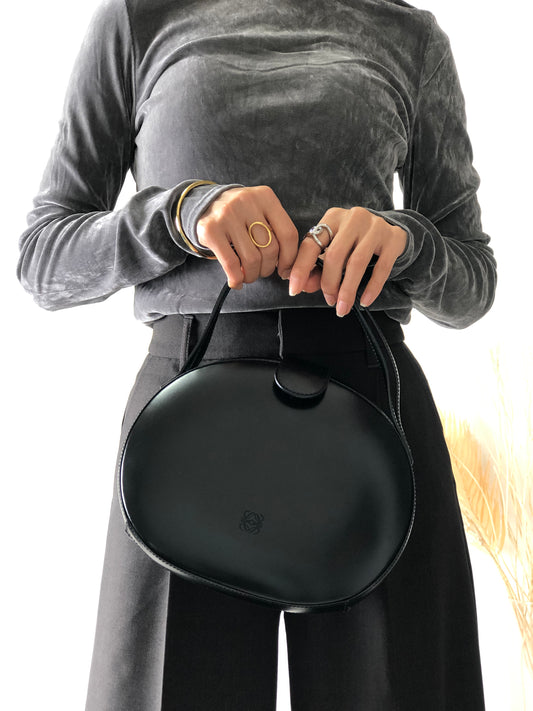 LOEWE Anagram Leather Round Handbag Shoulder bag Black Vintage buyi2b