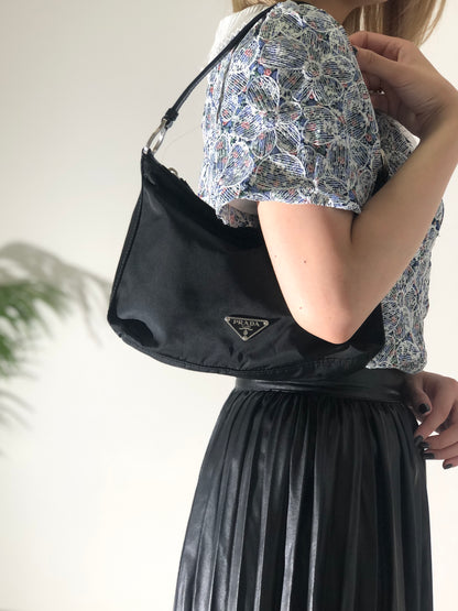 PRADA Triangle Logo Nylon Handbag Hobobag Black Vintage rd8vmt