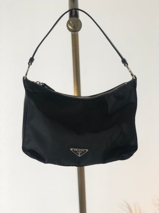 PRADA Triangle Logo Nylon Handbag Hobobag Black Vintage rd8vmt