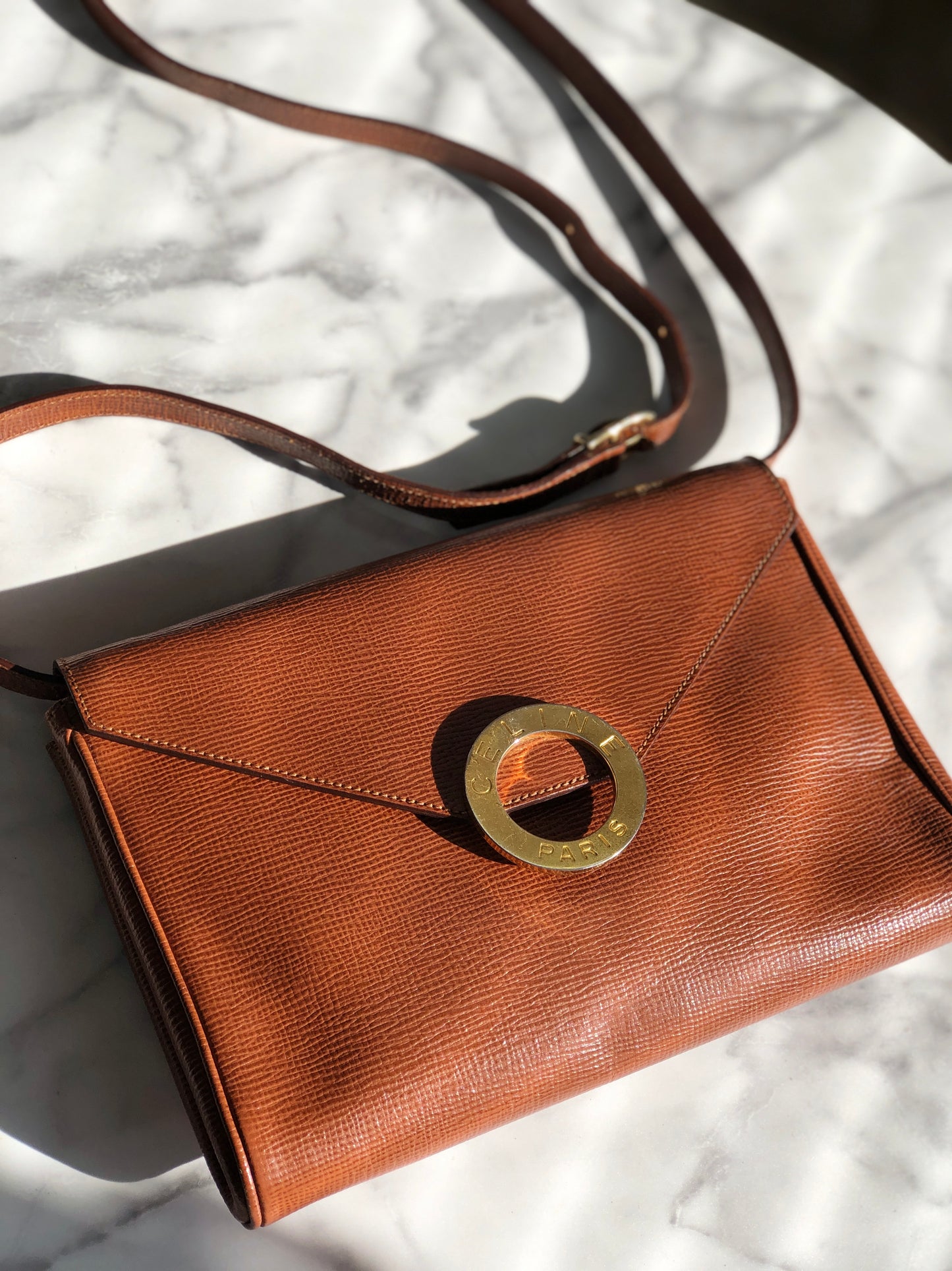 CELINE Circle Logo Logo Motif Embossed Emblem Circle Embossed Leather Crossbody Shoulder bag Brown Vintage mdtttc