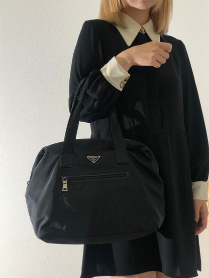 PRADA Triangle Logo Nylon Handbag Boston bag Black Vintage aki77w