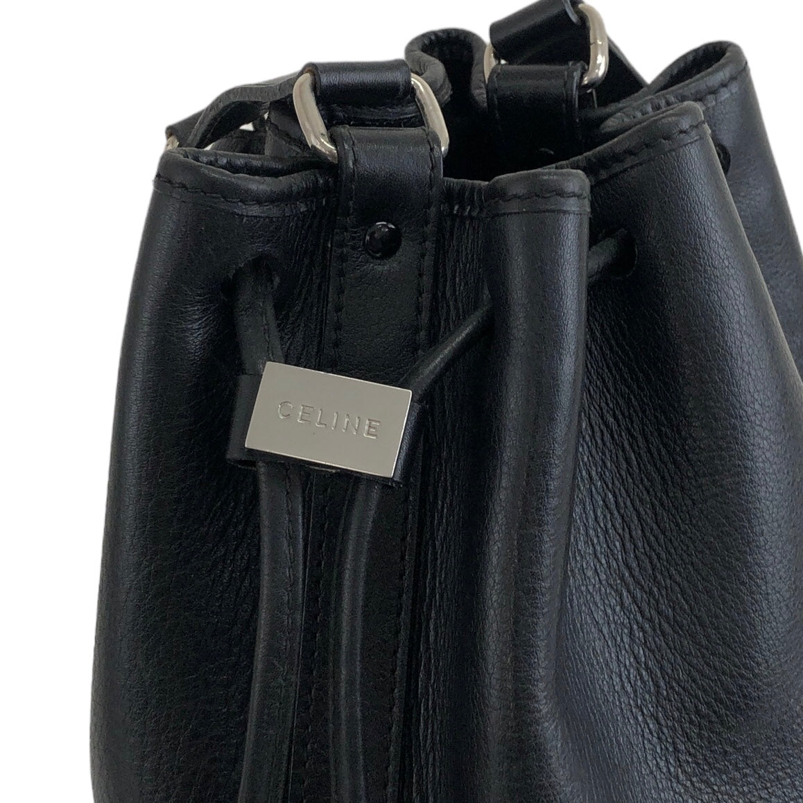 CELINE Logo Leather Drawstring Shoulder bag Black Vintage ny8ngc