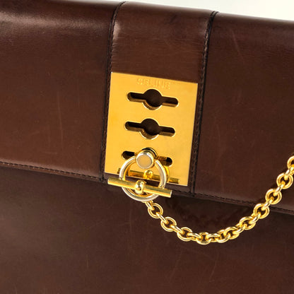 CELINE Triple Gancini Mantel Kelly Leather Handbag Brown vintage Old Celine iz86nn