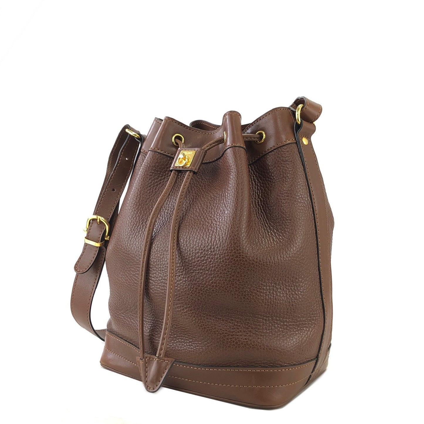 CELINE Gancini Leather Drawstring Shoulder bag Brown Vintage ex2exg