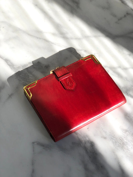 Yves Saint Laurent YSL Logo Leather Metal Clasp Folded Wallet Red Vintage 84va6b