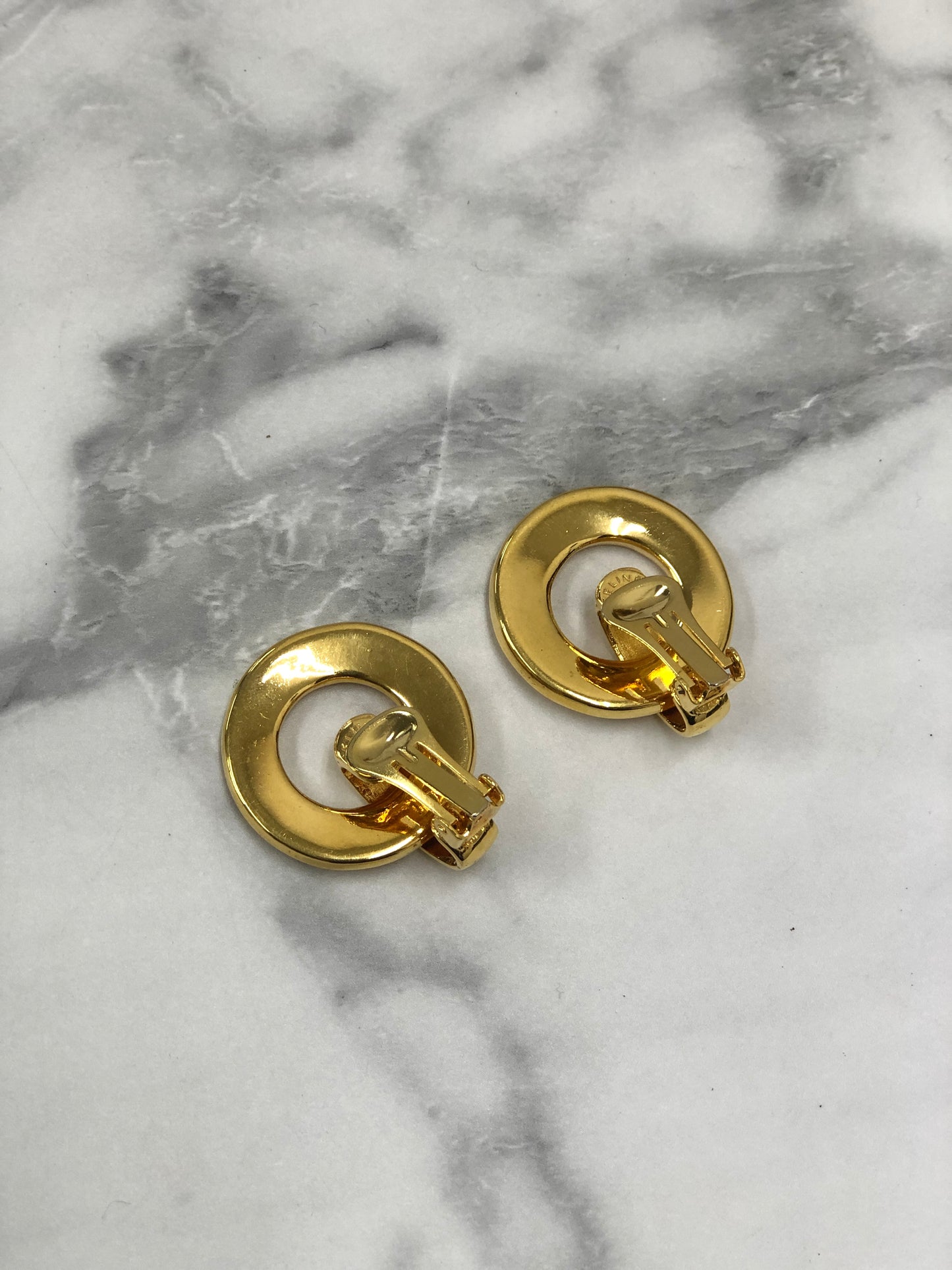 CELINE Logo Circle Logo Motif  Earrings Gold Vintage nad5px