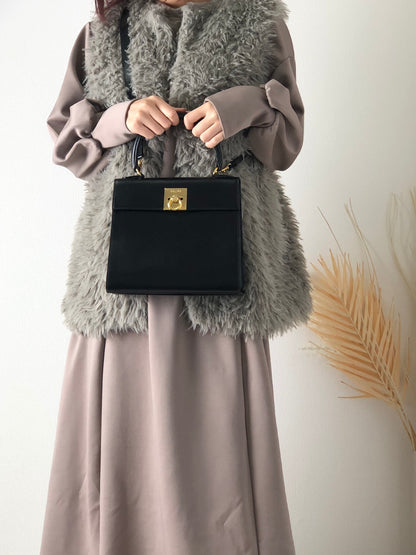 CELINE Gancini Leather Two-way Top Handle Handbag Shoulder bag Black Vintage ick73z