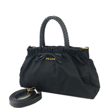 PRADA Logo Ribbon Nylon Leather Two-way Crossbody Shoulder bag Totebag Black Vintage c6kcye