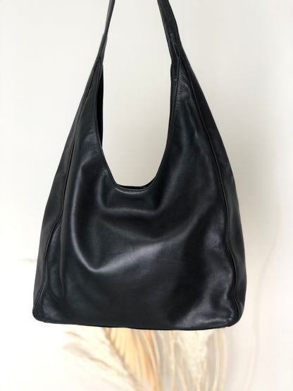 PRADA Logo Motif Embossed Leather Shoulder bag Hobobag Black Vintage b8kas6