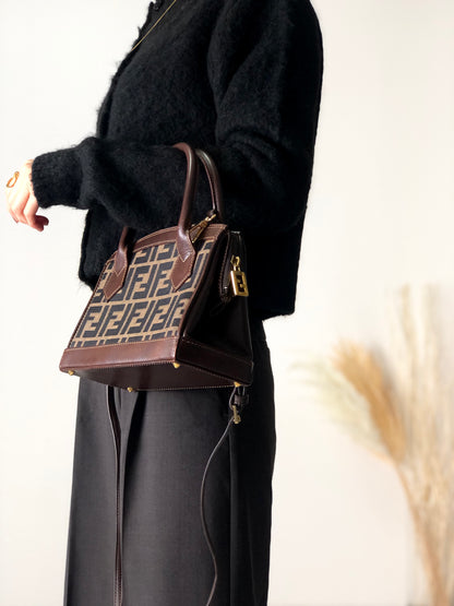 FENDI Zucca Jacquard Leather Two-way Handbag Shoulder bag Brown Vintage n3b6d8