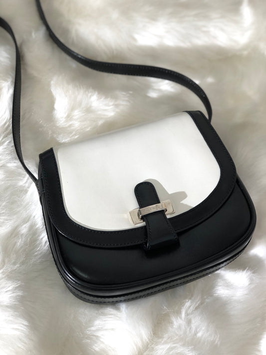 CELINE Logo Motif Leather Shoulder bag Black White Vintage ikpwf5