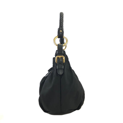 PRADA Logo Nylon Leather Shirring Handbag Black Vintage xwztuy