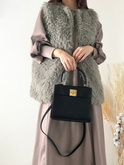 CELINE Gancini Leather Two-way Top Handle Handbag Shoulder bag Black Vintage ick73z