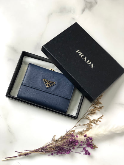 PRADA Triangle Logo Metal Clasp Leather Trifold Wallet Blue Vintage hdcmeb