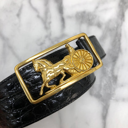 CELINE 馬車鱷魚壓花皮革腰帶 黑色 復古 awn7kw