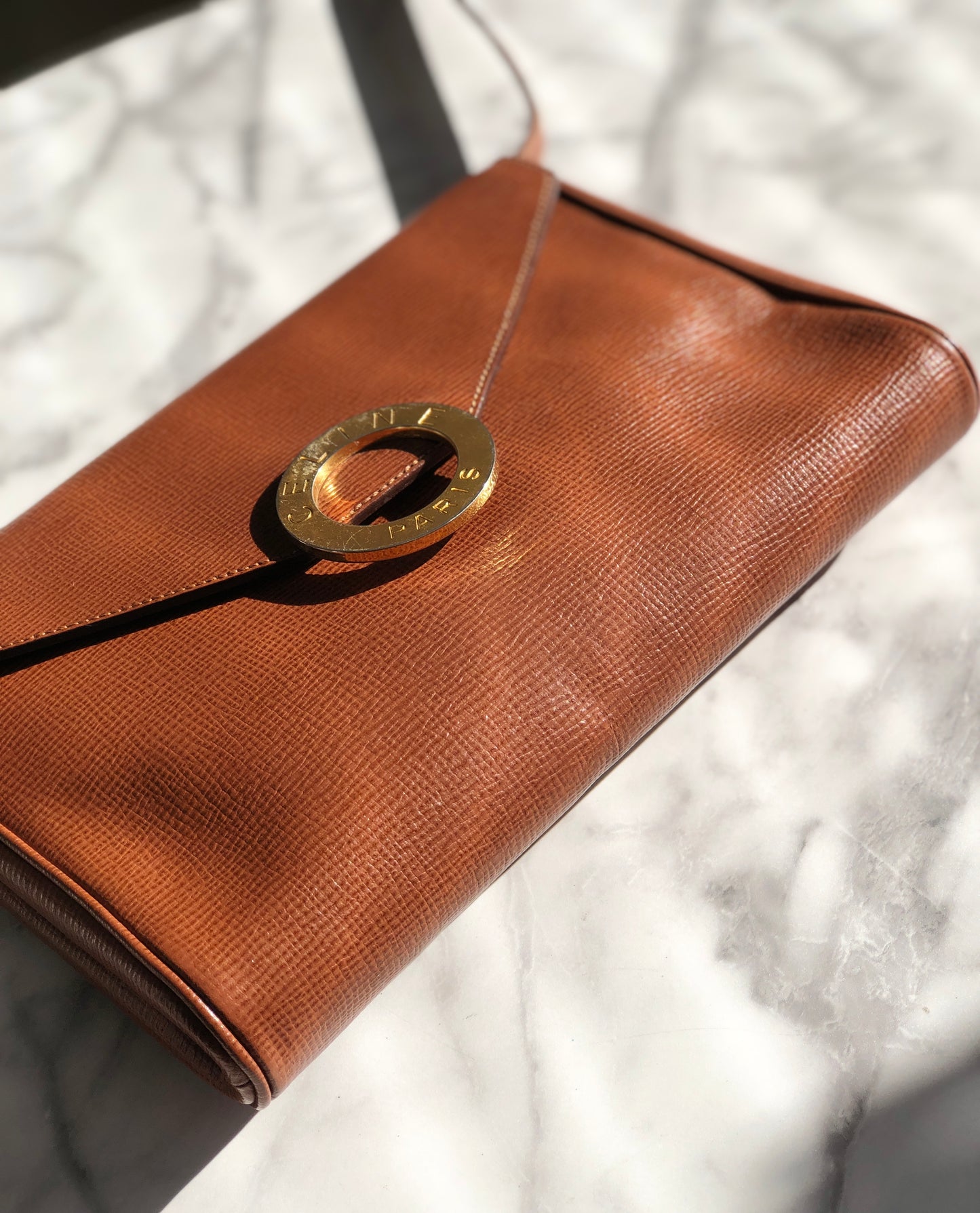 CELINE Circle Logo Logo Motif Embossed Emblem Circle Embossed Leather Crossbody Shoulder bag Brown Vintage mdtttc