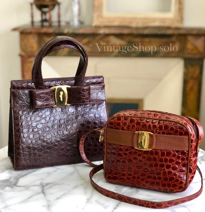 Salvatore Ferragamo Vala Ribbon 鱷魚壓花包 棕色 復古 舊款 x6i2ib