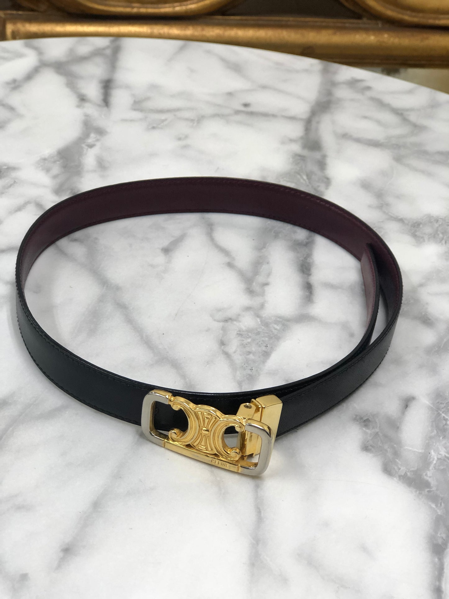 CELINE Triomphe Beversible Leather Belt Black Bordeaux Vintage p2adzk