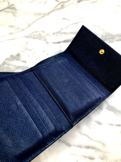 PRADA Triangle Logo Metal Clasp Leather Trifold Wallet Blue Vintage hdcmeb